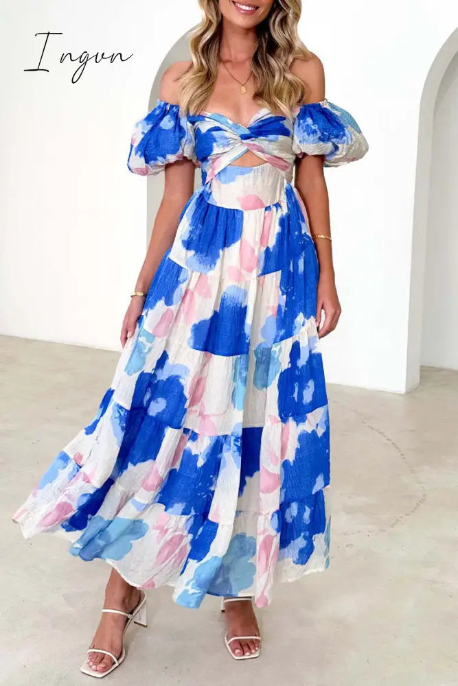 Ingvn - Sweet Elegant Floral Hollowed Out Off The Shoulder Printed Dress Dresses Deep Blue / S