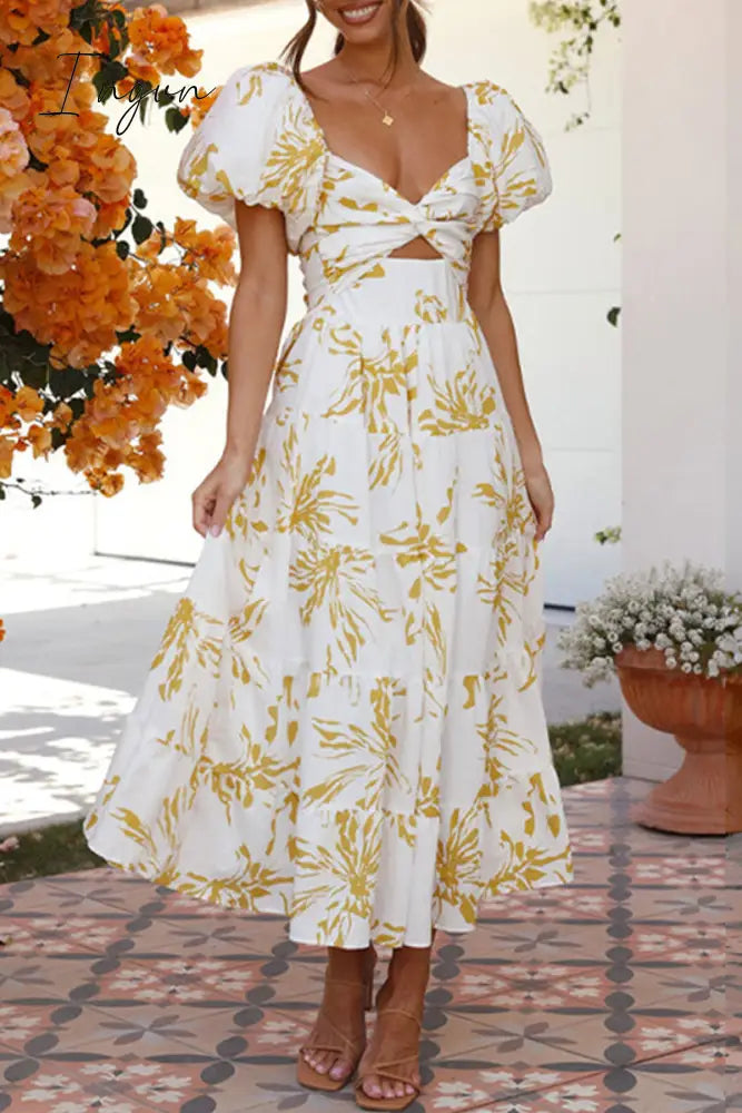 Ingvn - Sweet Elegant Floral Hollowed Out Off The Shoulder Printed Dress Dresses Yellow White / S