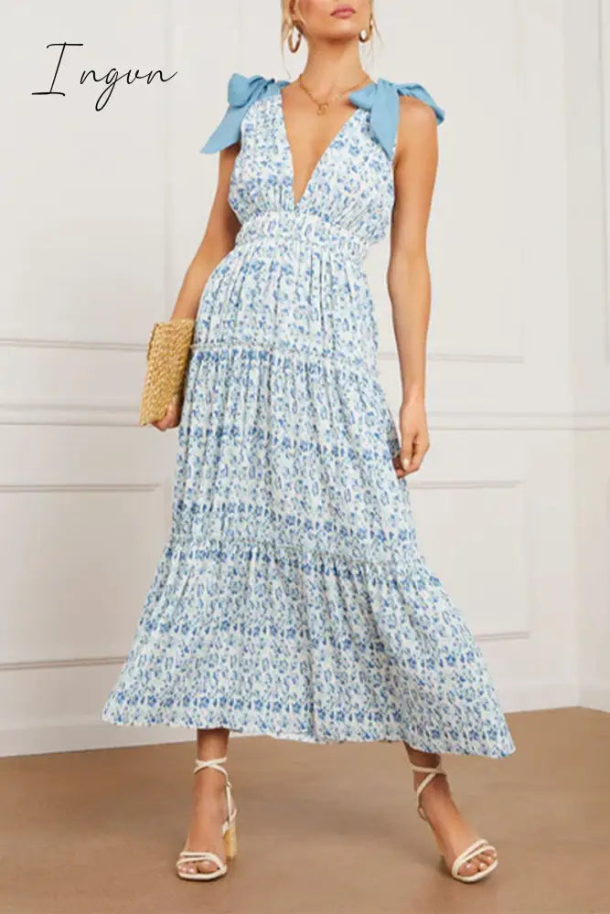 Ingvn - Sweet Elegant Print Flowers Frenulum V Neck A Line Dresses Blue / S Dresses/Summer