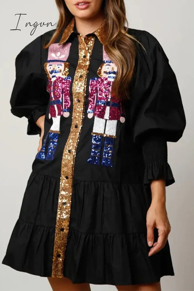 Ingvn - Sweet Solid Sequins Contrast Turndown Collar Long Sleeve Dresses Black / S Dresses/Casual