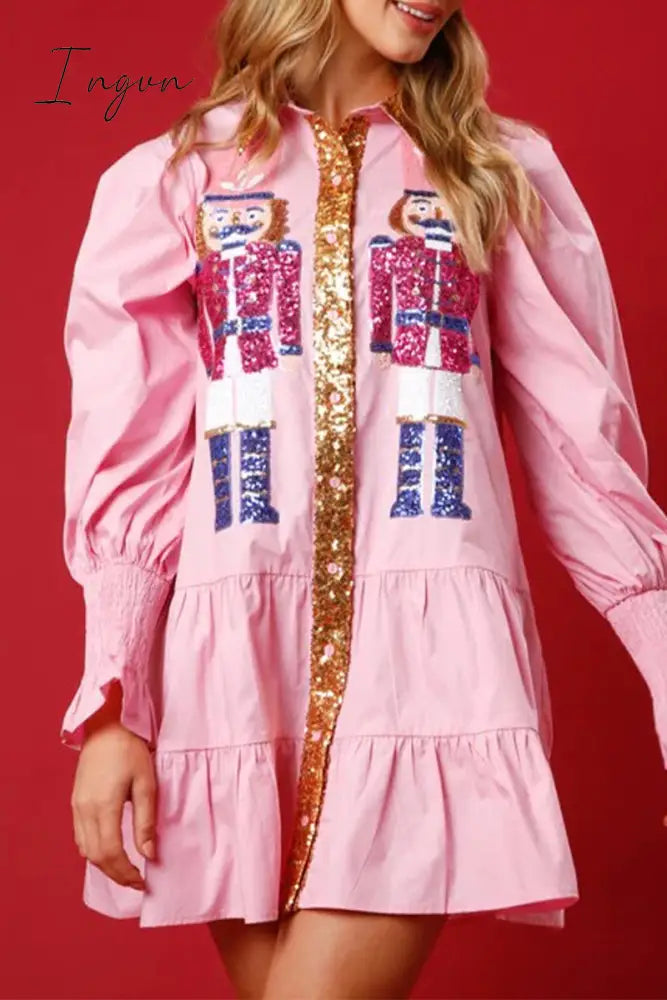Ingvn - Sweet Solid Sequins Contrast Turndown Collar Long Sleeve Dresses Pink / S Dresses/Casual