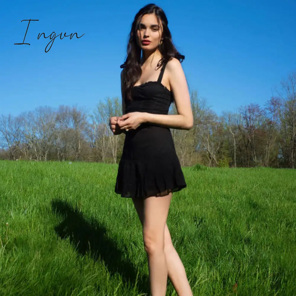 Ingvn - Sweetown Dark Academia Gothic Dresses Women Chiffon Ruffles Black E Girl Clothes Sleeveless