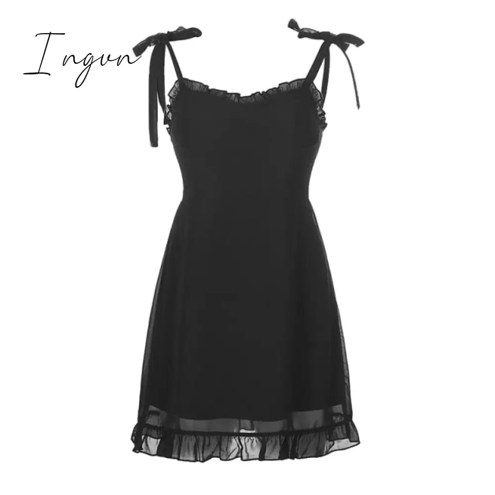Ingvn - Sweetown Dark Academia Gothic Dresses Women Chiffon Ruffles Black E Girl Clothes Sleeveless