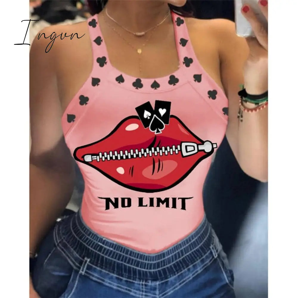 Ingvn - Tank Tops Women U Neck Letter Print Lips Vest Summer Ladies Harajuku Shirts Slim Fit