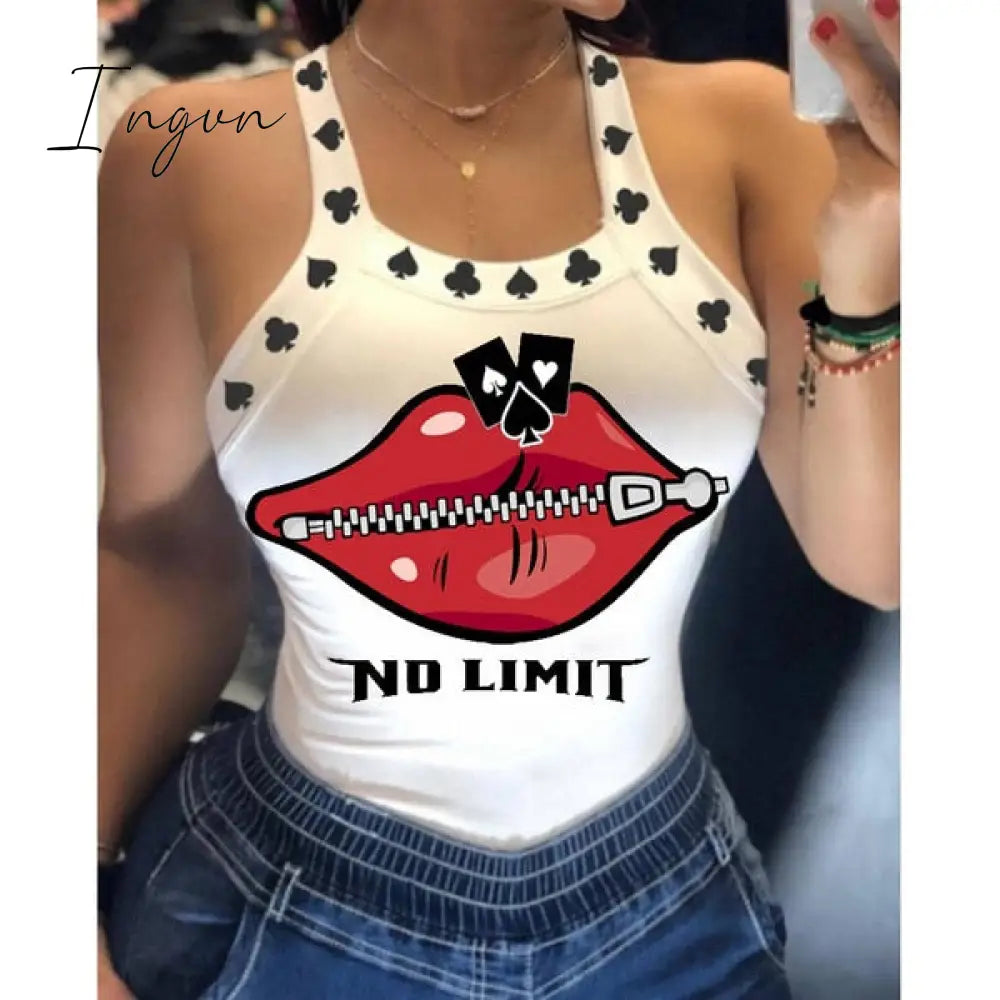 Ingvn - Tank Tops Women U Neck Letter Print Lips Vest Summer Ladies Harajuku Shirts Slim Fit