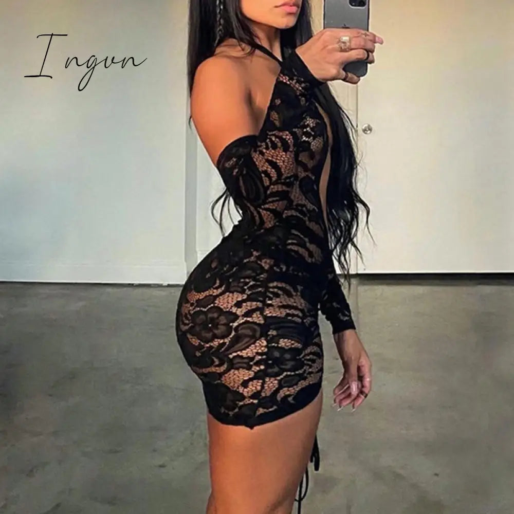Ingvn - Tassel Stitching Sexy Dress For Women Evening Clubbing Party Square Collar Halter Hollow