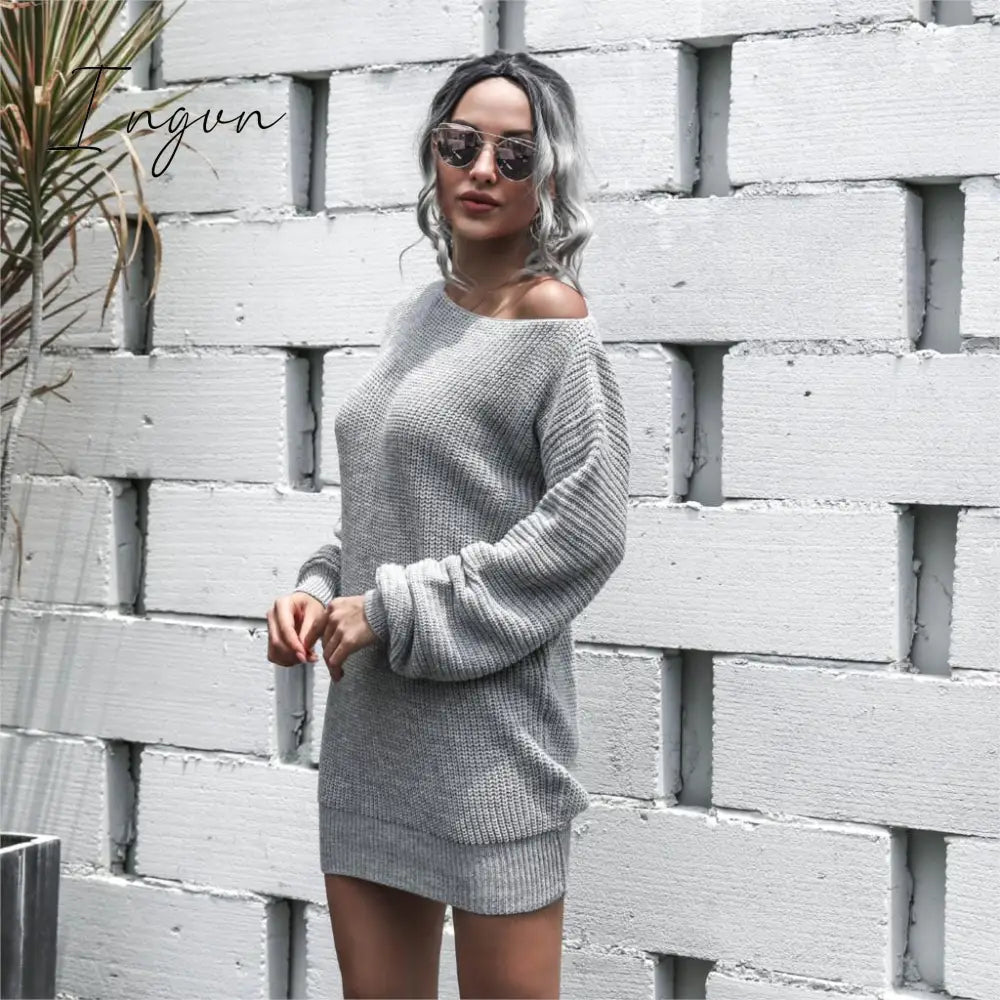 Ingvn - The Hottest Ladies Casual Off - Shoulder Lantern Sleeve Knitted Sweater Dress