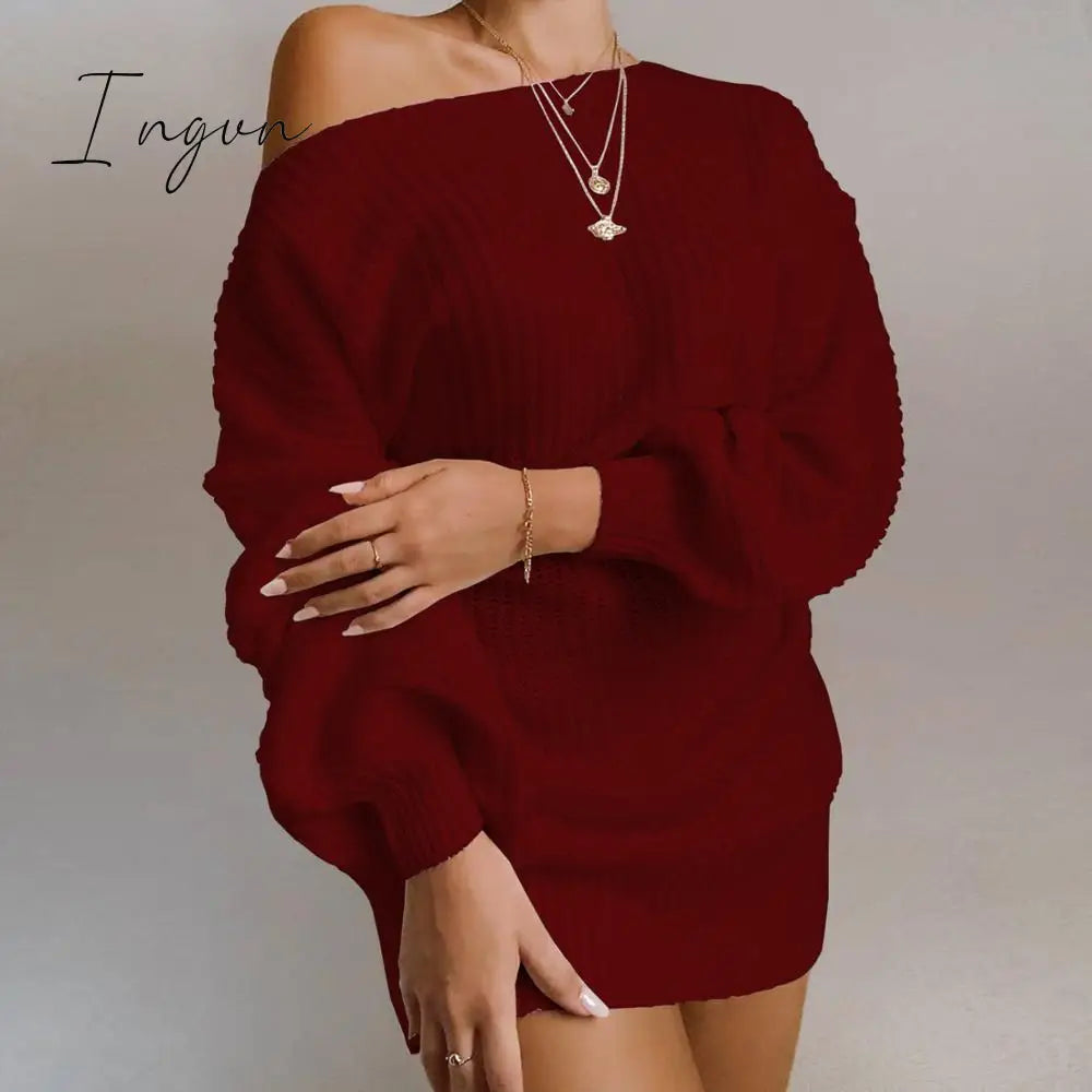 Ingvn - The Hottest Ladies Casual Off - Shoulder Lantern Sleeve Knitted Sweater Dress Burgundy / S