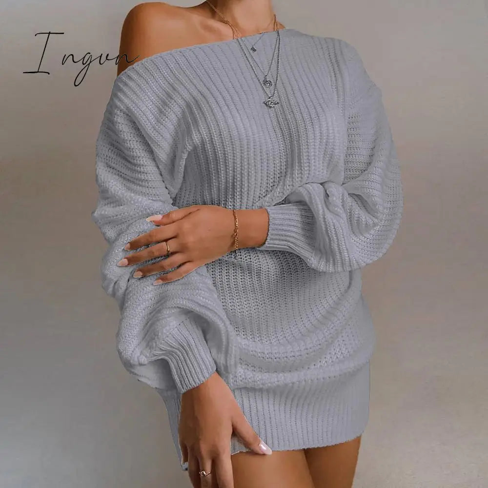 Ingvn - The Hottest Ladies Casual Off - Shoulder Lantern Sleeve Knitted Sweater Dress Gray / M China