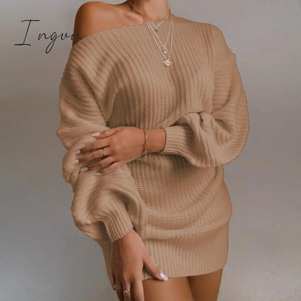 Ingvn - The Hottest Ladies Casual Off - Shoulder Lantern Sleeve Knitted Sweater Dress Khaki / S