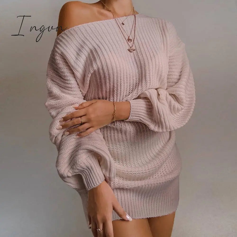 Ingvn - The Hottest Ladies Casual Off - Shoulder Lantern Sleeve Knitted Sweater Dress Pale Pinkish