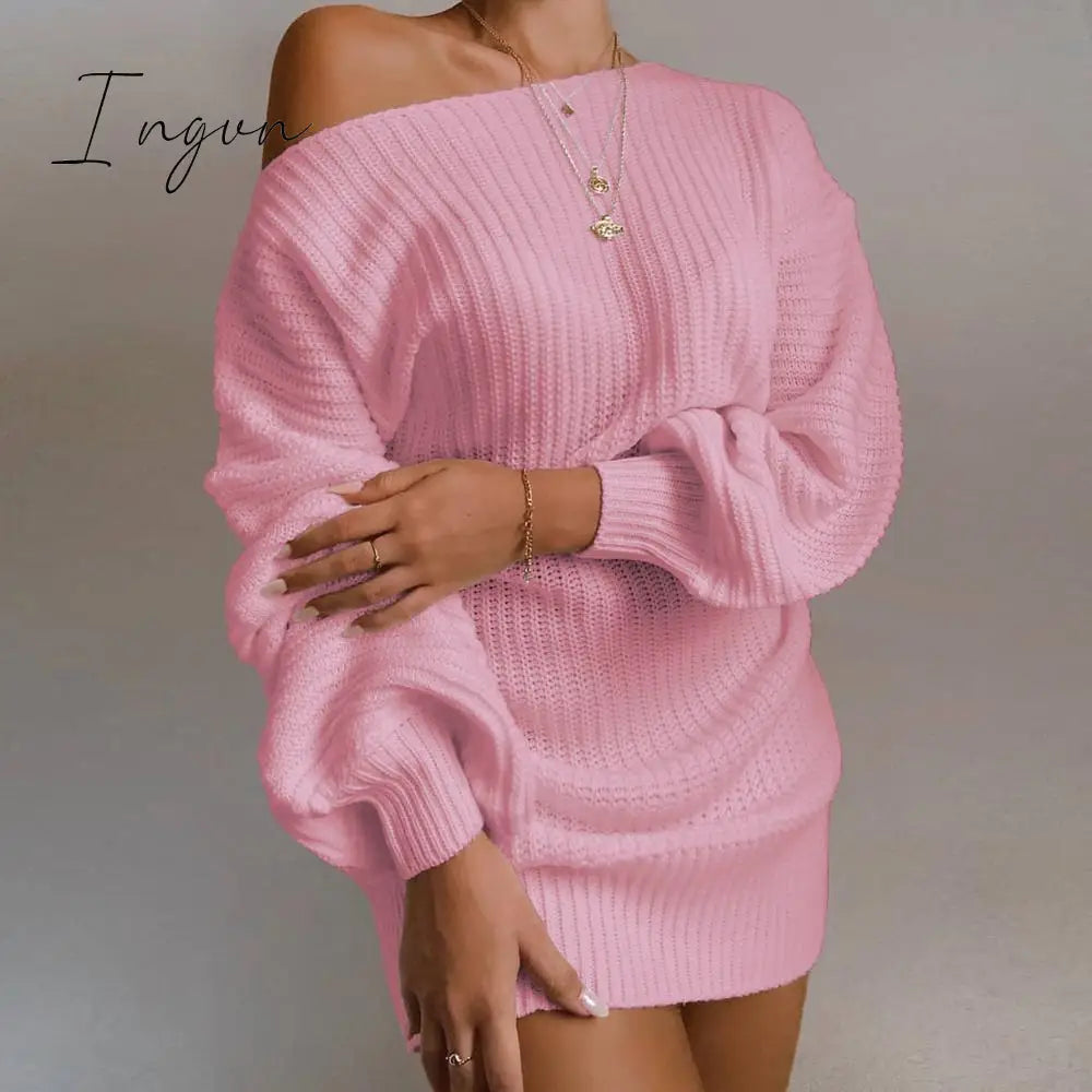 Ingvn - The Hottest Ladies Casual Off - Shoulder Lantern Sleeve Knitted Sweater Dress Pink / M China