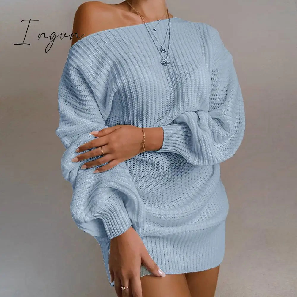 Ingvn - The Hottest Ladies Casual Off - Shoulder Lantern Sleeve Knitted Sweater Dress Sky Blue / S