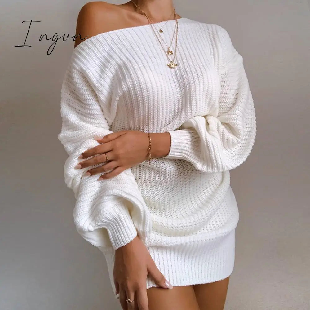 Ingvn - The Hottest Ladies Casual Off - Shoulder Lantern Sleeve Knitted Sweater Dress White / M