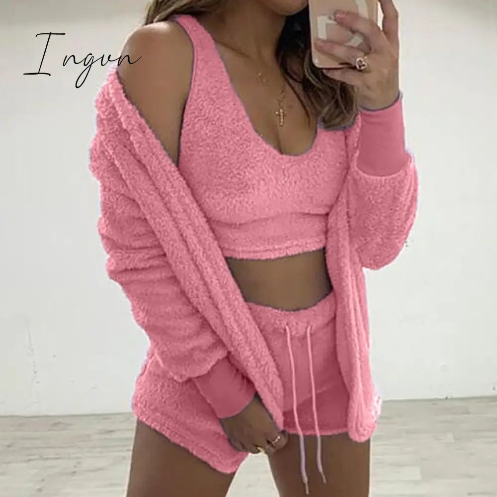 Ingvn - Three Piece Sexy Fluffy Outfits Plush Velvet Hooded Cardigan Coat + Shorts + Crop Top Women