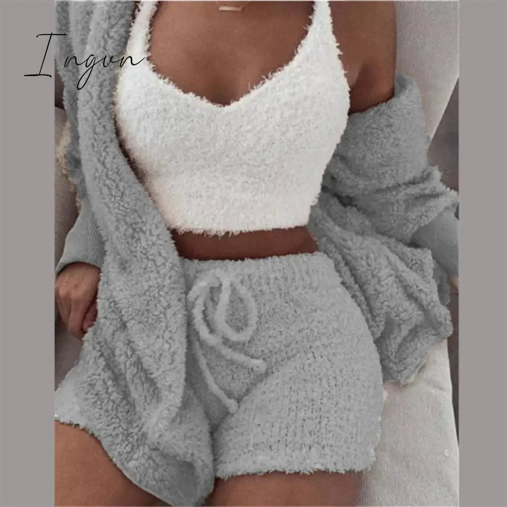 Ingvn - Three Piece Sexy Fluffy Outfits Plush Velvet Hooded Cardigan Coat + Shorts + Crop Top Women