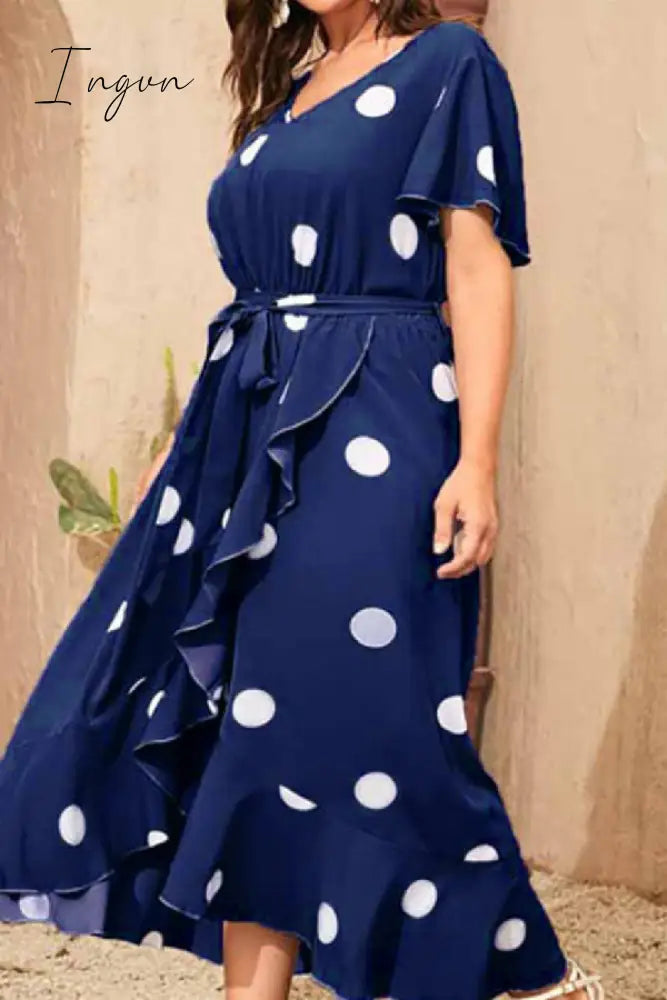 Ingvn - Tibetan Blue Casual Dot Print Patchwork V Neck Short Sleeve Dress Plus Size Dresses Plus