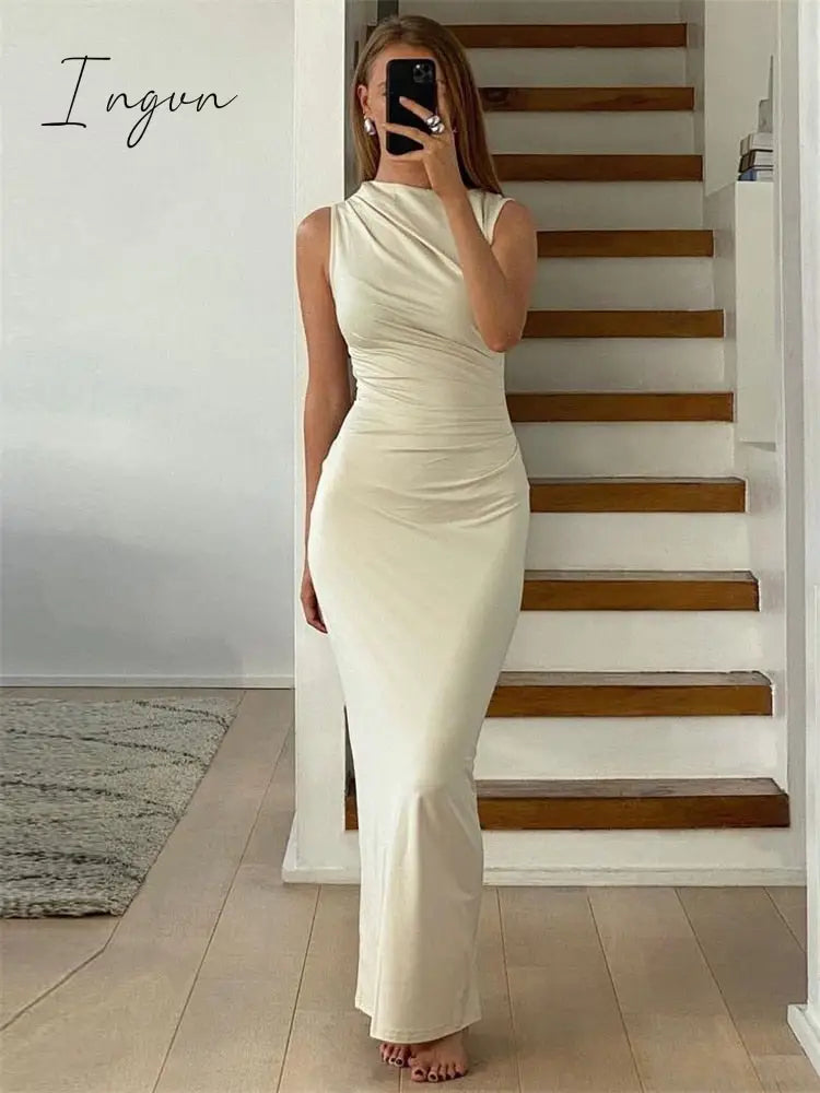 Ingvn - Tossy Pleated Sleeveless Slim Maxi Dress For Women Solid Fashion Elegant Party Gown