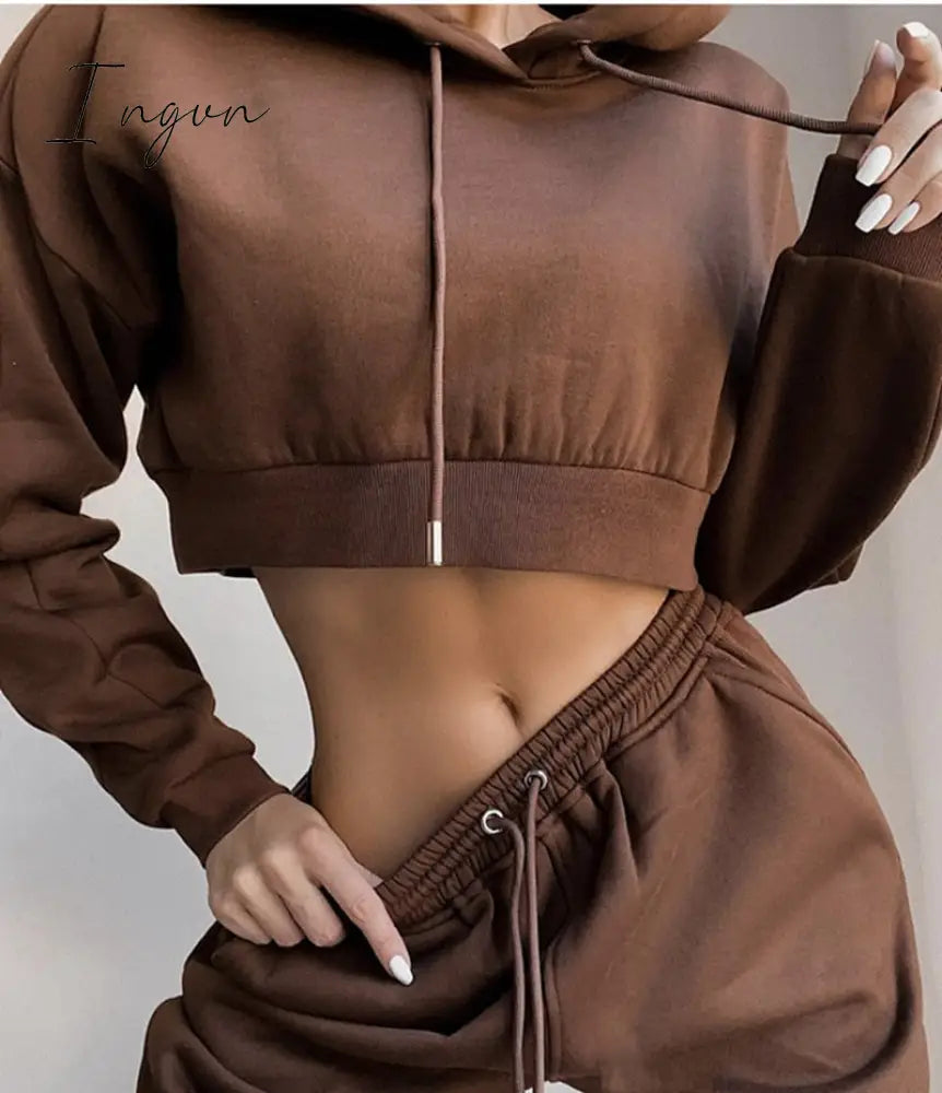 Ingvn - Tracksuit Women Two Piece Set Spring Clothes Solid Hooded Fleece Sweatshirt Crop Top And