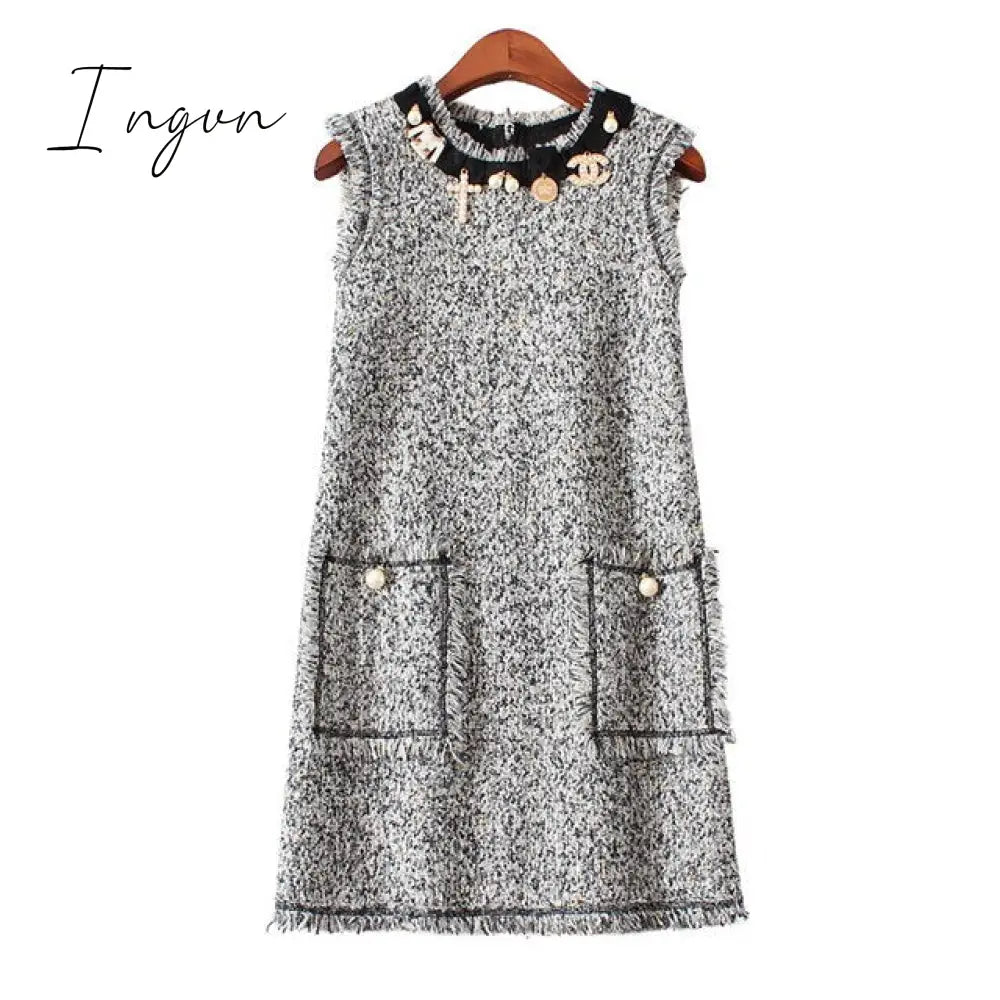 Ingvn - Trends 2023 High Quality Brand Dress Sweet Diamonds Bead Pink Robe Hiver Autumn Tweed