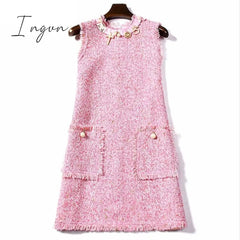 Ingvn - Trends 2023 High Quality Brand Dress Sweet Diamonds Bead Pink Robe Hiver Autumn Tweed