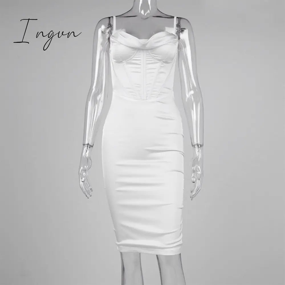 Ingvn - Trends High Quality Giyu Night Clubwear Party Satin White Dresses Women Summer Sexy Bodycon