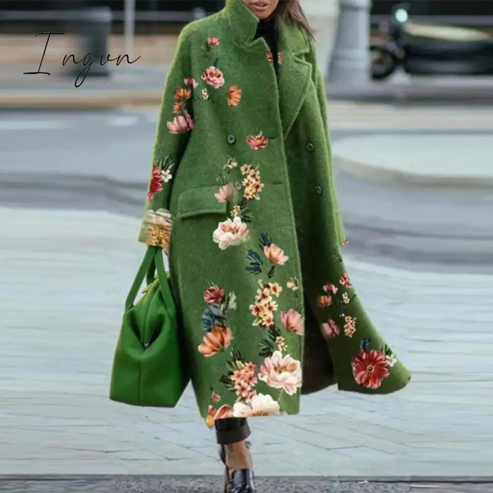 Ingvn - Trends Hot Sale Autumn Winter Long Sleeve Pocket Green Outwear Casual Loose Blend Wool