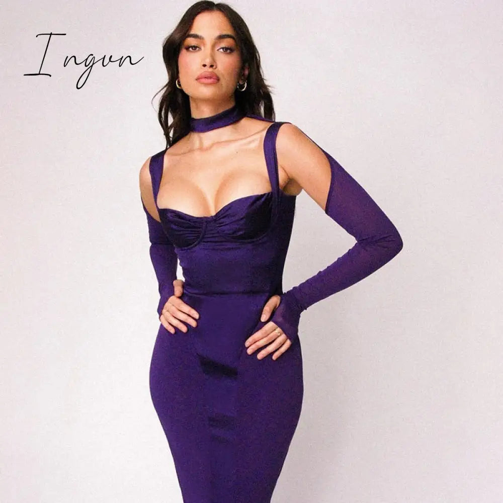 Ingvn - Trends Long Sleeve Satin Party Midi Dresses For Women Elegant Cut Out Autumn Winter Chest