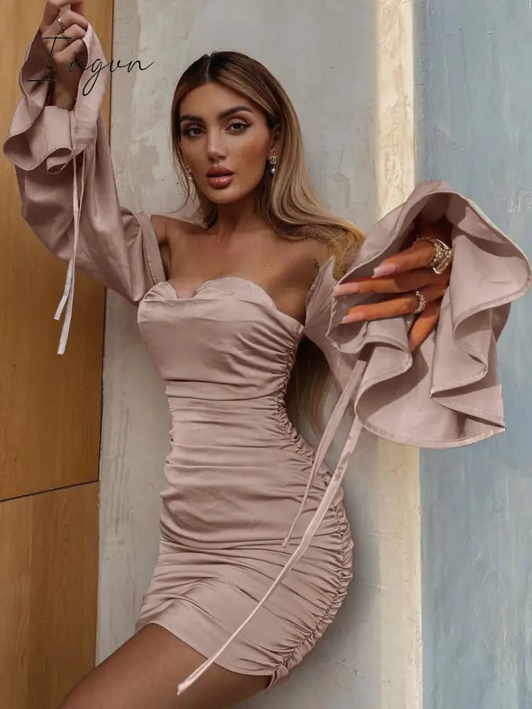 Ingvn - Trends Solid Women Spring Autumn Puff Long Sleeve Off Shoulder Satin Mini Dress Ruched