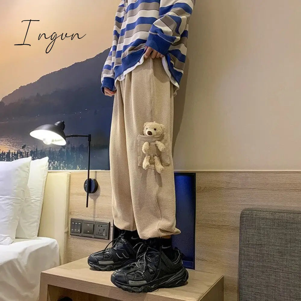 Ingvn - Trendy Loose Corduroy Bear Guard Pants Spring And Autumn Male Ins Hong Kong Wind All -