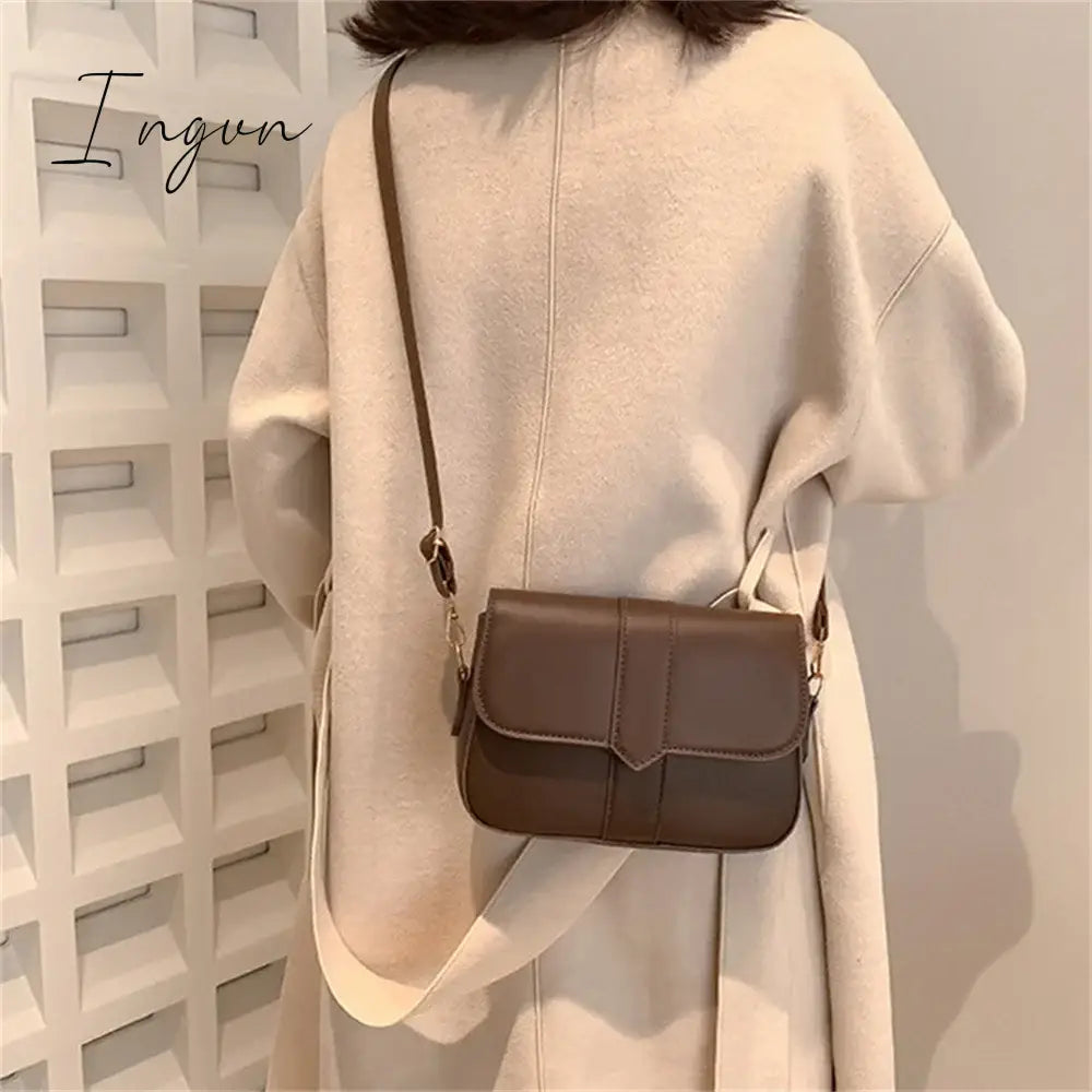 Ingvn - Trendy Saddle Shoulder Bag Women Pu Leather Crossbody Simple Solid Color Flap Messenger