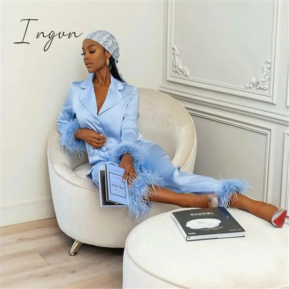 Ingvn - Trendy Women Pajamas Set Autumn Casual Lapel Tops + Feather Pants Suits Sexy Lingerie