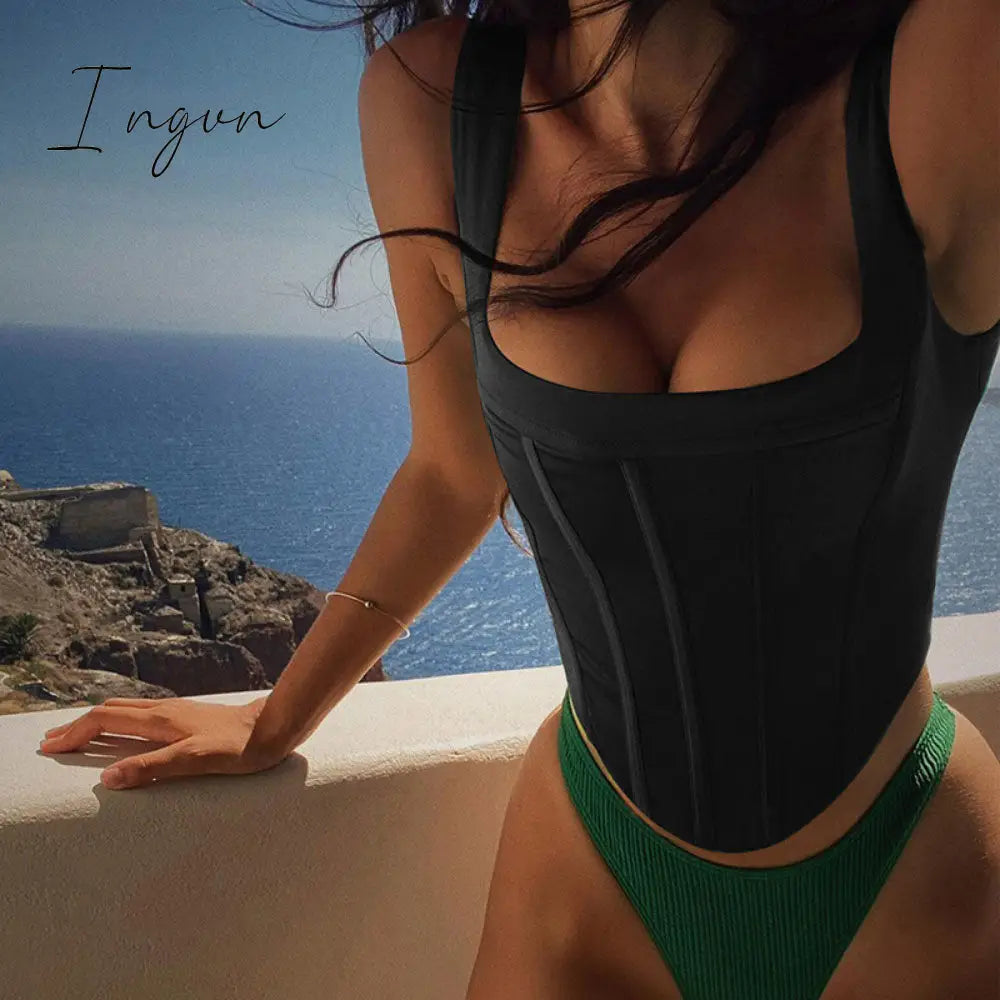 Ingvn - Tube Tank Top Girls Satin Corset Crop Tops Women Green Y2K Sleeveless Tee Black Backless