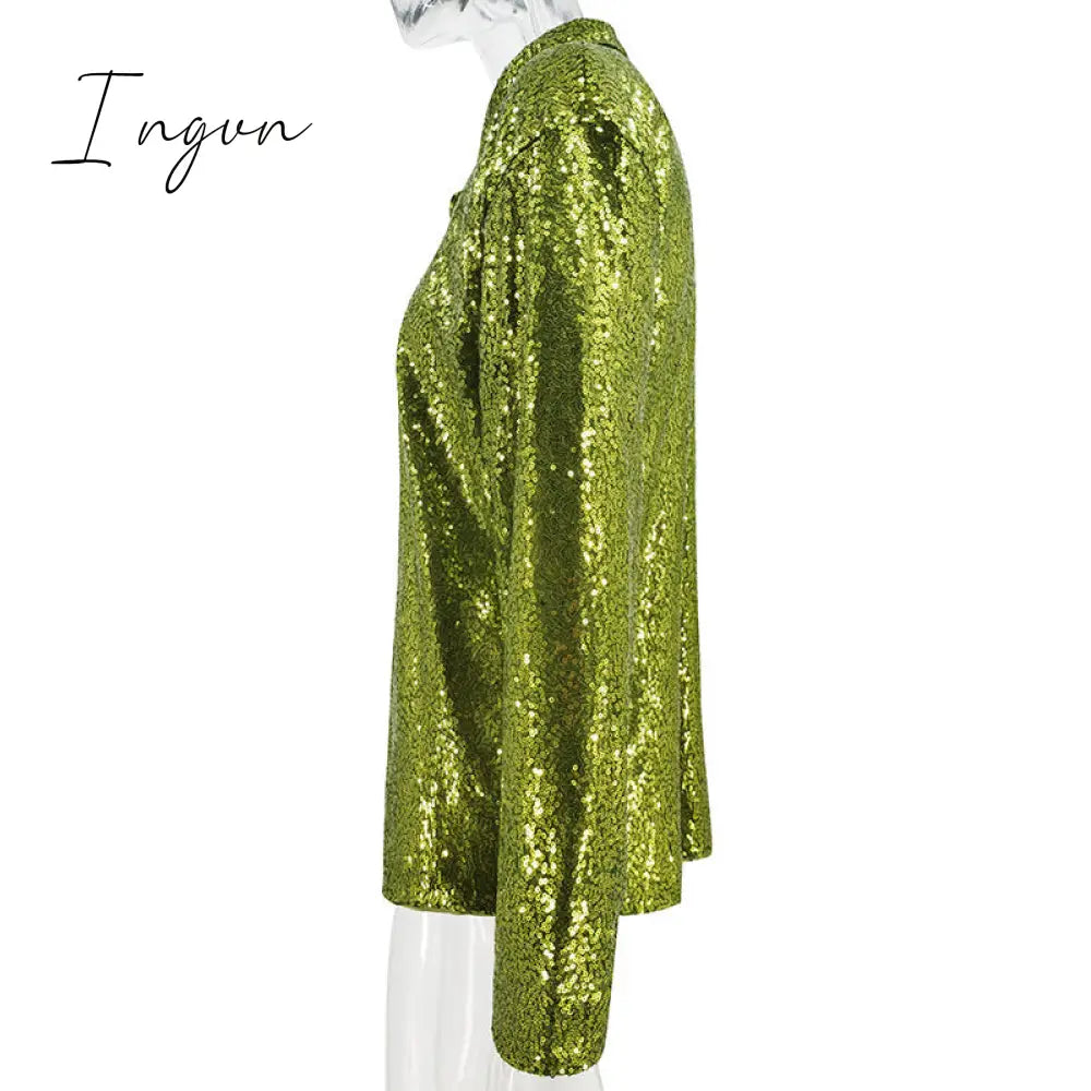 Ingvn - Turn - Down Collar Bright Silk Women Blouses Red Long Sleeve Elegant Loose Spring Fashion