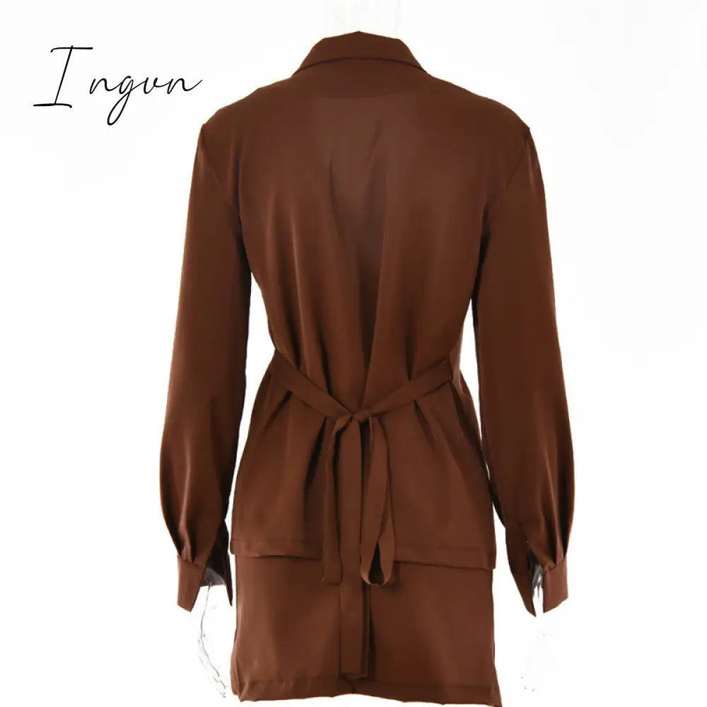 Ingvn - Turn - Down Collar Button Women Two Piece Set Brown Long Sleeve Top High Waist Skirt Autumn