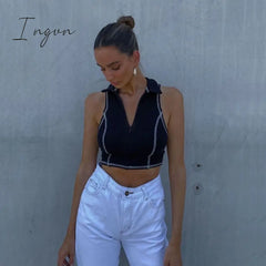 Ingvn - Turn-Down Collar Casual Basic Tank Tops All-Match Slim Sleeveless Front Zipper Fly