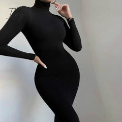 Ingvn - Turtleneck Long Dress Autumn Winter Muslim Elegant Office Lady Skinny Sleeve Bodycon Casual