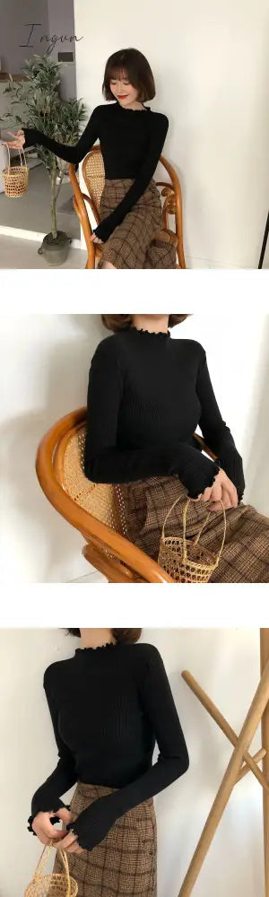 Ingvn - Turtleneck Ruched Women Sweater High Elastic Solid Fall Winter Fashion Slim Sexy Knitted