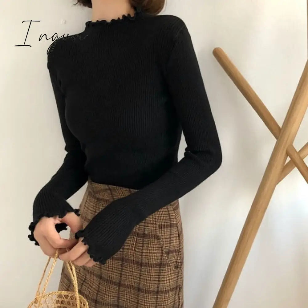 Ingvn - Turtleneck Ruched Women Sweater High Elastic Solid Fall Winter Fashion Slim Sexy Knitted