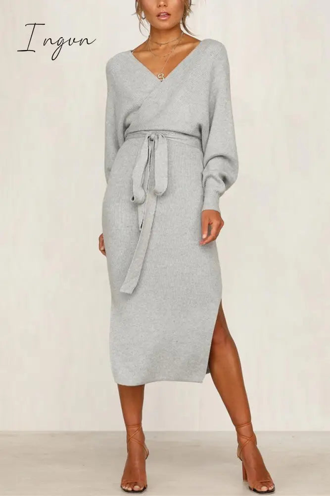 Ingvn - V Neck Backless Sweater Dress(5 Colors) Gray / S M Dress