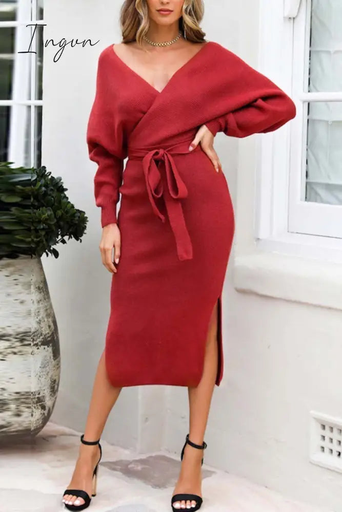 Ingvn - V Neck Backless Sweater Dress(5 Colors) Red / S M Dress