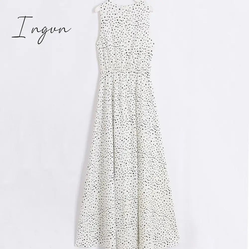 Ingvn - V Neck Dot Printed Floor Length Dress(3 Colors) Dress