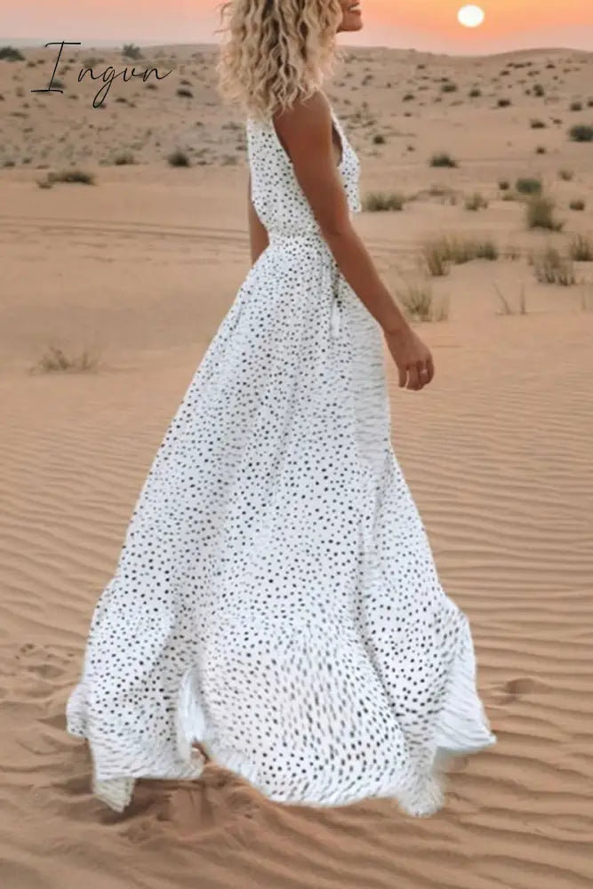 Ingvn - V Neck Dot Printed Floor Length Dress(3 Colors) Dress