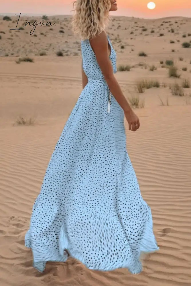 Ingvn - V Neck Dot Printed Floor Length Dress(3 Colors) S / Baby Blue Dress