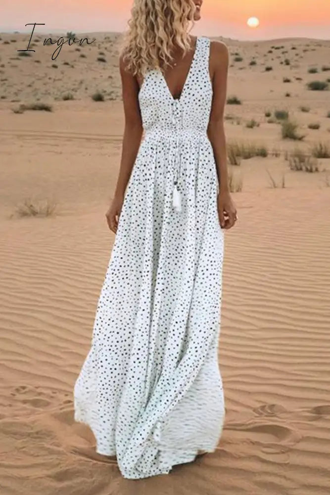 Ingvn - V Neck Dot Printed Floor Length Dress(3 Colors) S / White Dress