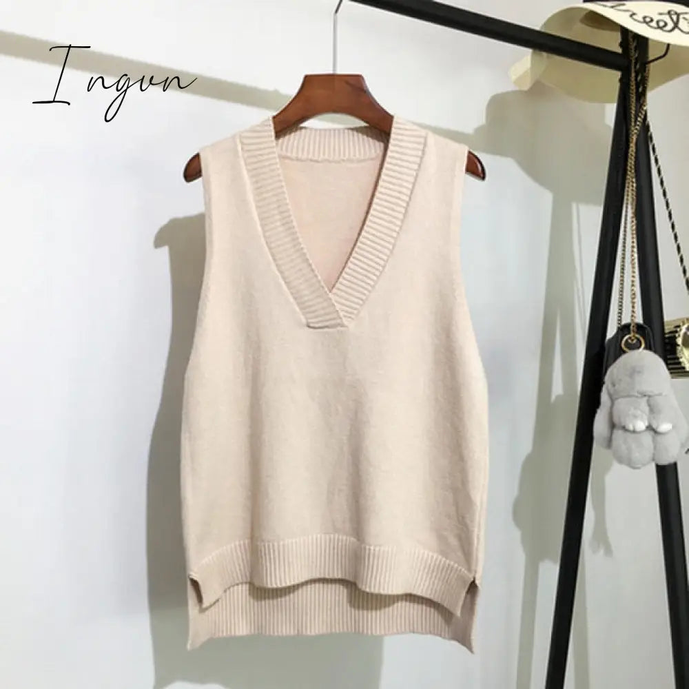 Ingvn - V - Neck Knitted Vest Women’s Sweater Autumn And Winter New Korean Loose Wild Pink Women