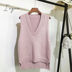 Ingvn - V - Neck Knitted Vest Women’s Sweater Autumn And Winter New Korean Loose Wild Pink Women