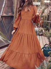 Ingvn - V Neck Long Sleeve Patchwork Solid Color Dress
