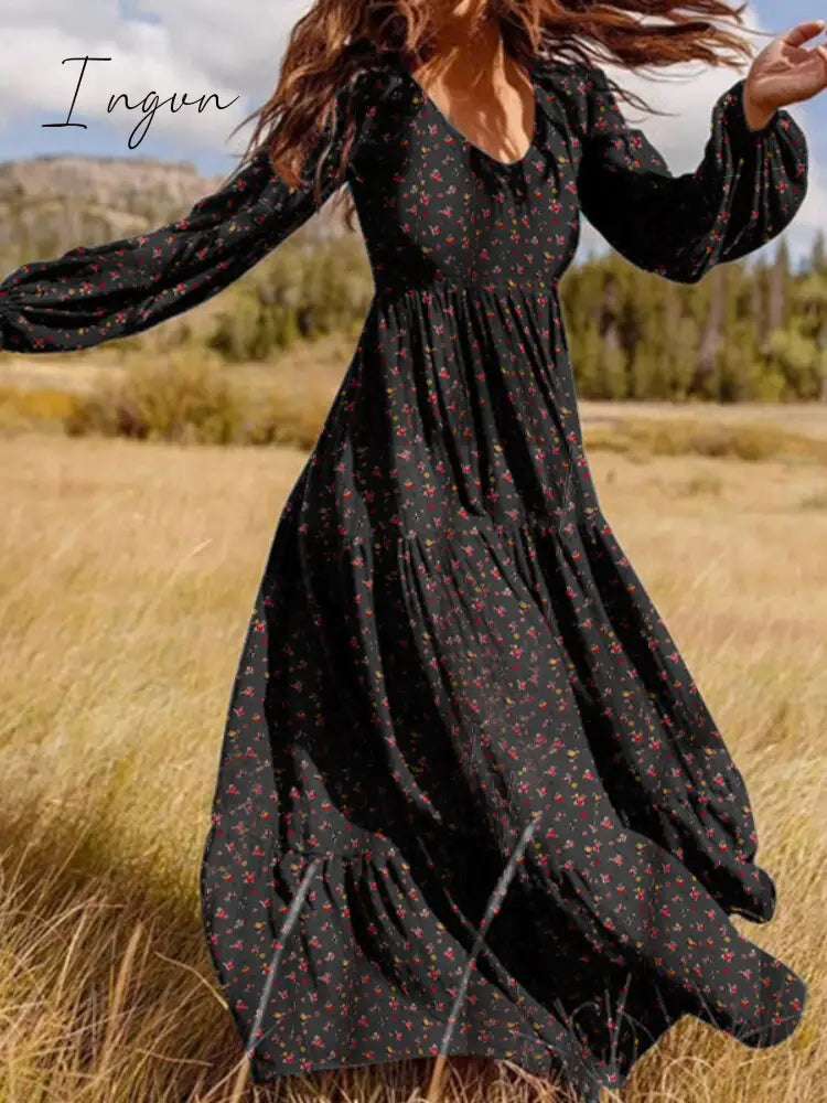 Ingvn - V Neck Long Sleeve Patchwork Solid Color Dress Black Flower / M