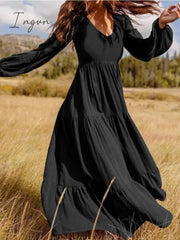 Ingvn - V Neck Long Sleeve Patchwork Solid Color Dress Black / M